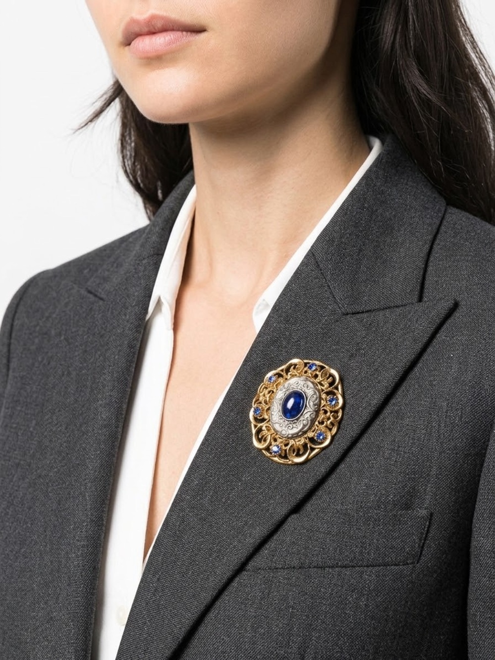 Vintage Gold and Blue Ornate Floral Brooch - Women's Jewelry